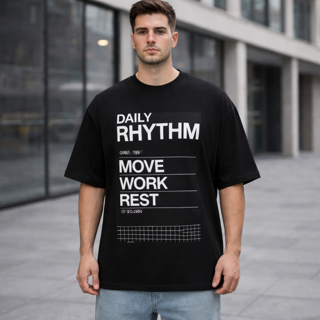 Daily Rhythm Graphic Oversized T-Shirt - Medium Weight | Black