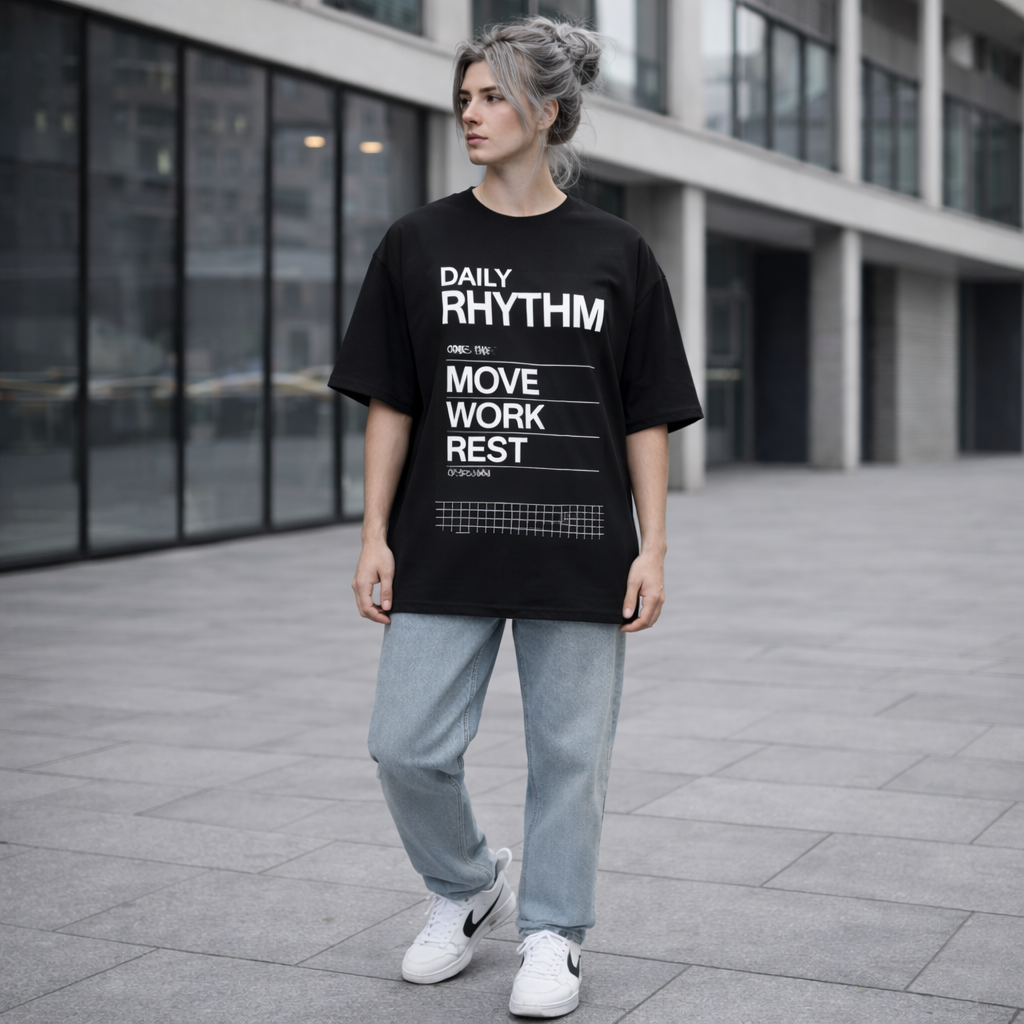 Daily Rhythm Graphic Oversized T-Shirt - Medium Weight | Black