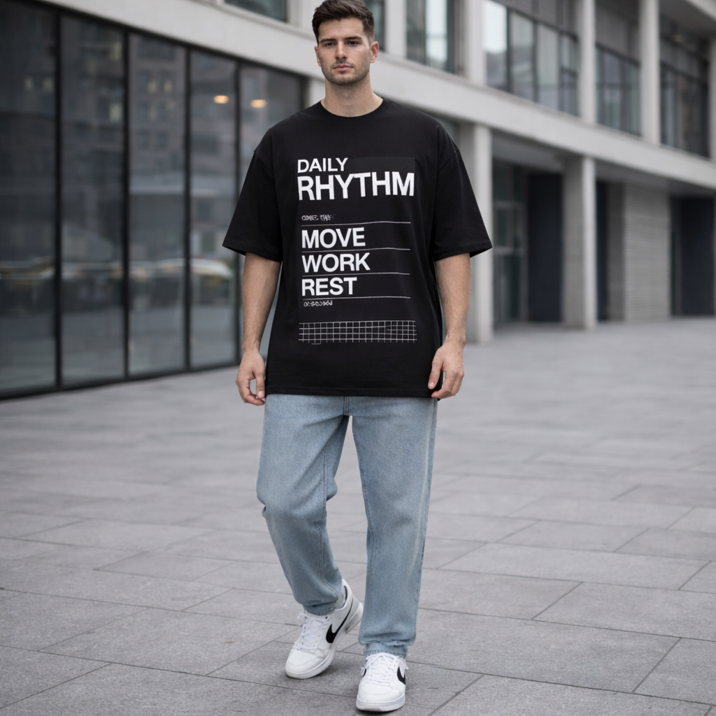 Daily Rhythm Graphic Oversized T-Shirt - Medium Weight | Black
