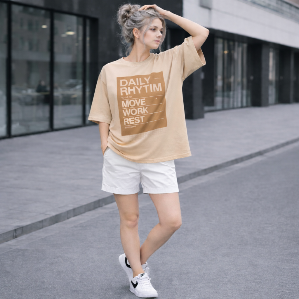 Daily Rhythm Graphic Oversized T-Shirt - Medium Weight | Beige
