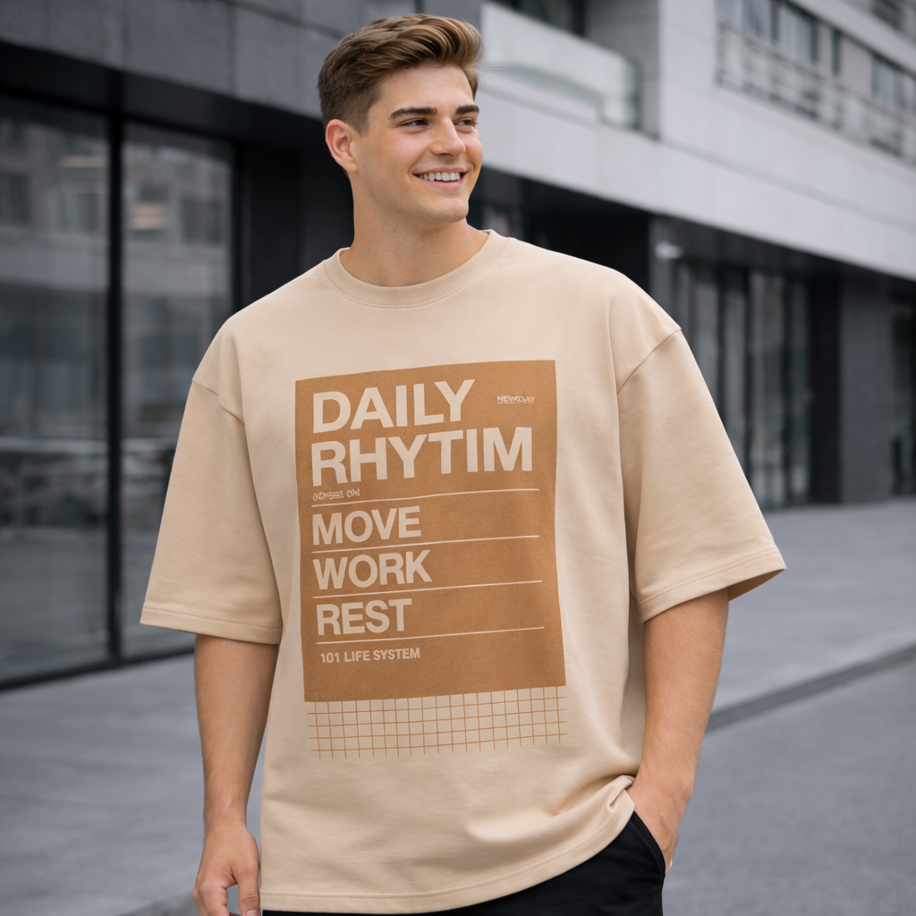 Daily Rhythm Graphic Oversized T-Shirt - Medium Weight | Beige