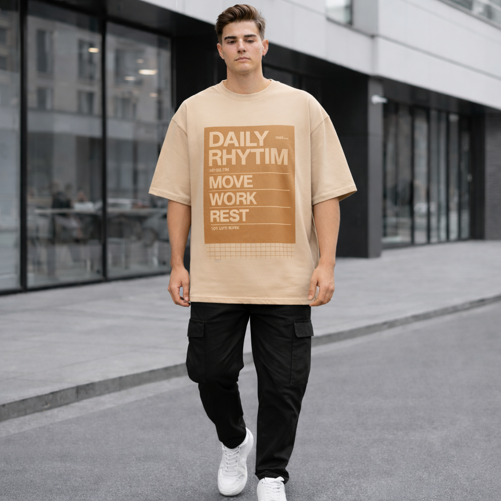 Daily Rhythm Graphic Oversized T-Shirt - Medium Weight | Beige